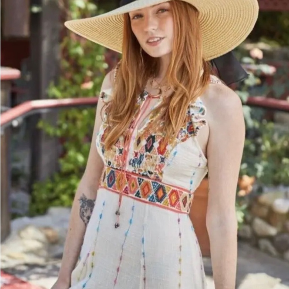 Anthropologie Boho Mauve Llama Embroidered Dress, 16, Summer Statement Dress